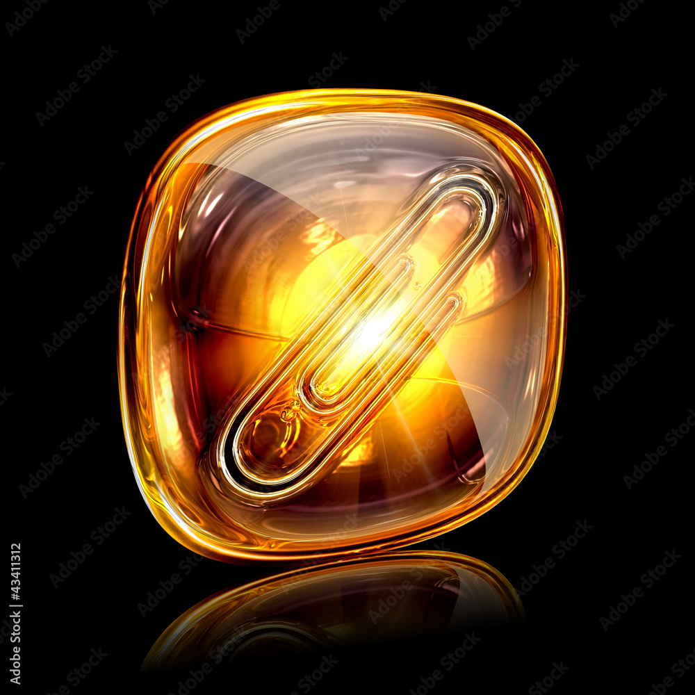 Paperclip icon amber, isolated on black background