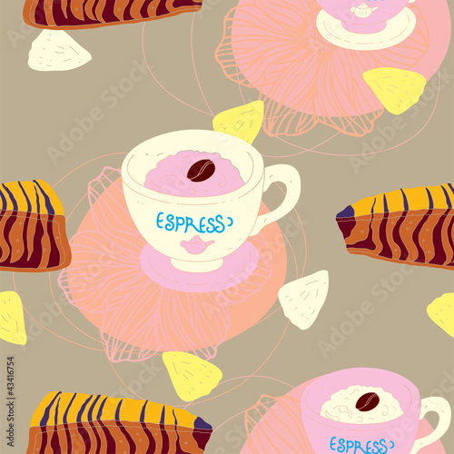 Cakes Seamless Pattern With Coffee Cups and Pineapple