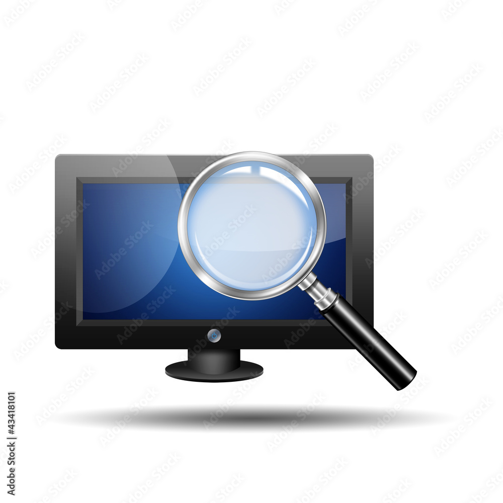 Icono lupa 3d con simbolo monitor Icono lupa 3d con simbolo monitor