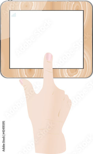 Female finger touch wooden tablet computer isolated on white