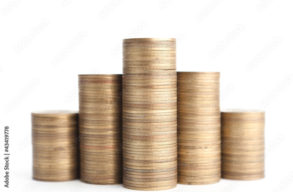 Bronze coins stand vertically in columns Bronze coins stand vertically in columns