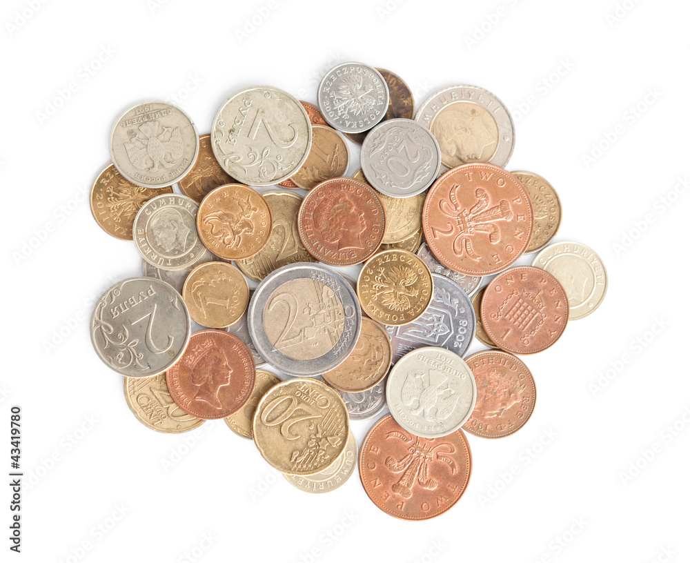 Scattering silver and gold coins, isolated on white Scattering silver and gold coins, isolated on white