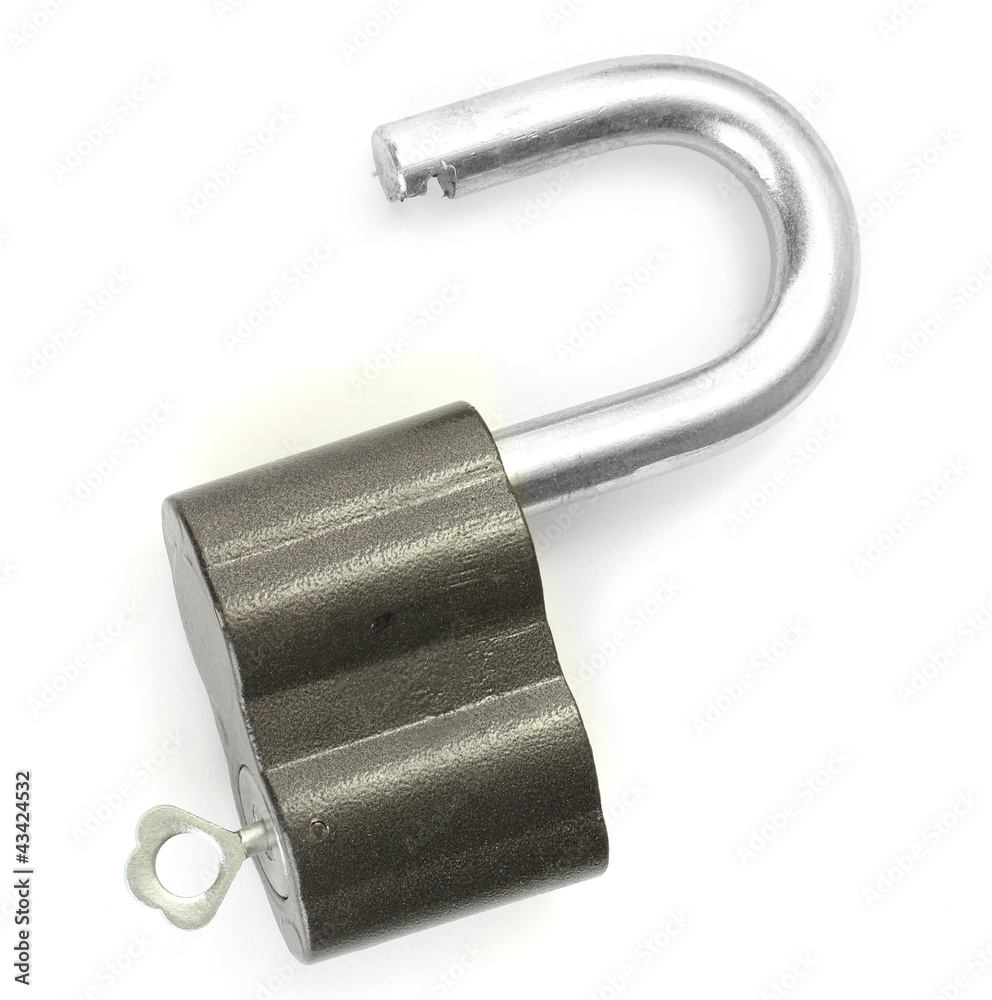 old padlock with key isolated on white background
