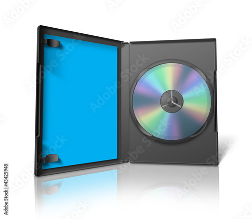 Box for DVD with a disk on white background.