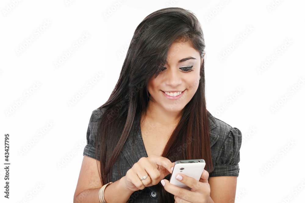 portrait of a happy young business woman texting from her cellph portrait of a happy young business woman texting from her cellph