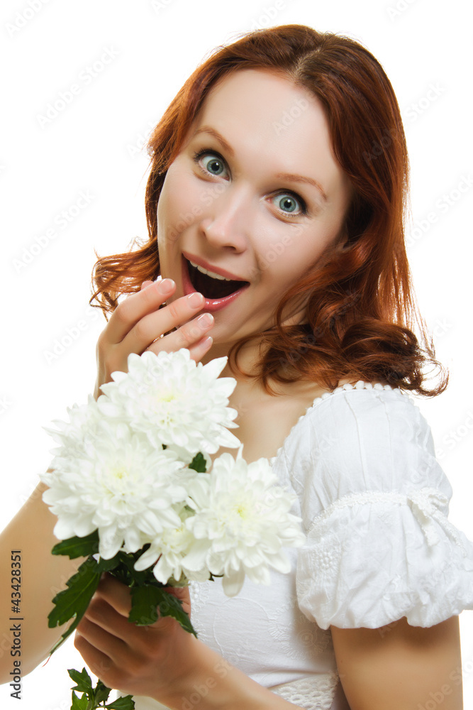 Fototapeta premium girl with a bouquet of chrysanthemums.