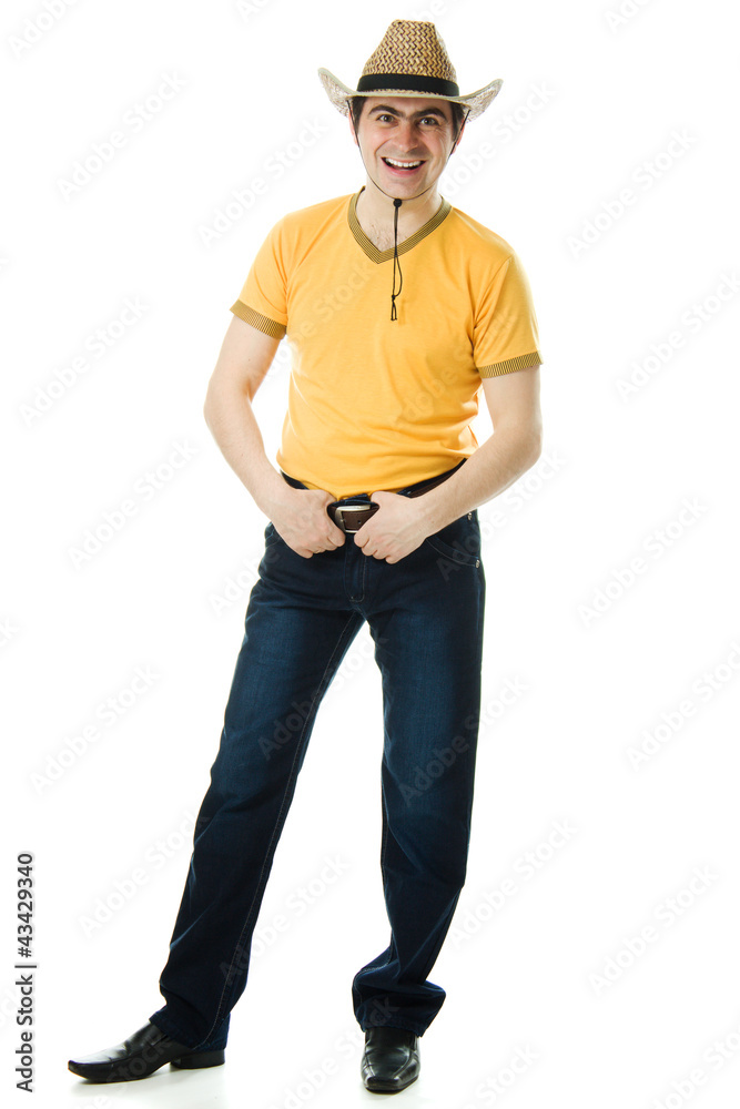 cowboy in a hat holding hands at the waist cowboy in a hat holding hands at the waist