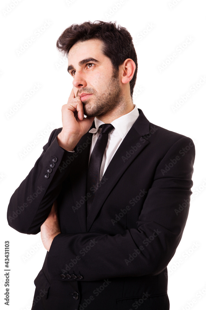 Picture of a pensive young businessman, isolated on white backg Picture of a pensive young businessman, isolated on white backg