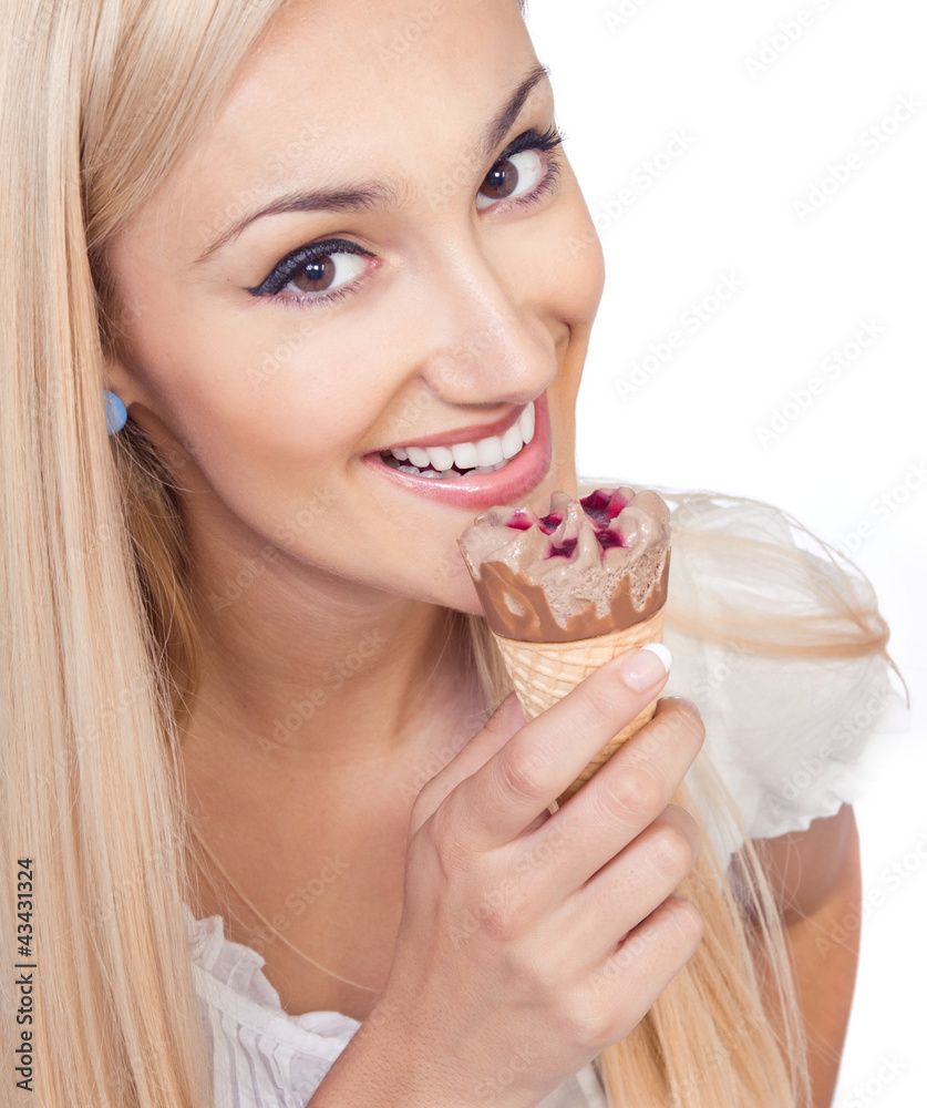 Happy woman eating ice cream,isolated on white Happy woman eating ice cream,isolated on white