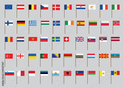 set of European flags on flagstaff vector illustration