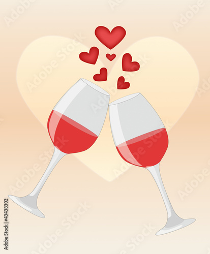 Happy anniversary. Two glasses of red wine on heart background i