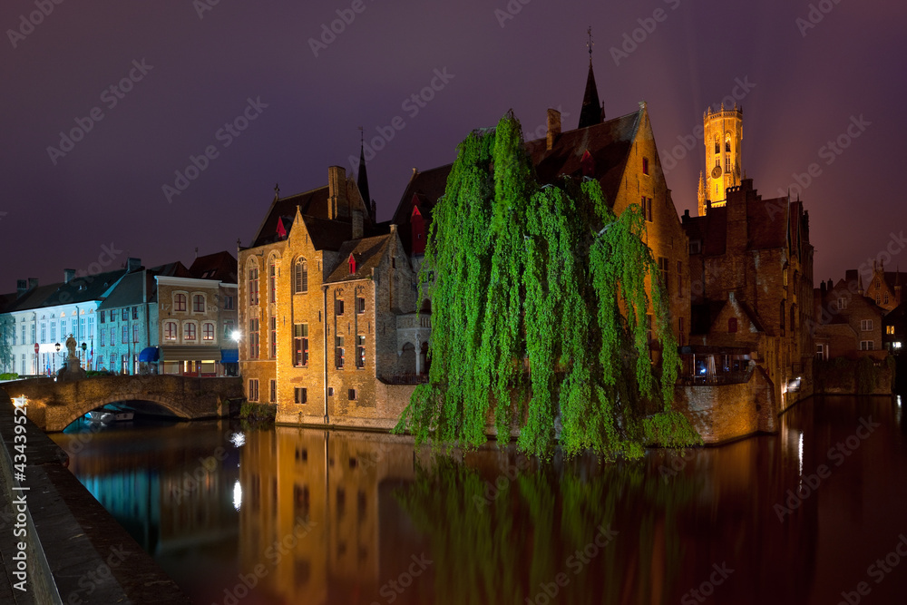 Night view on old buildings of Bruges