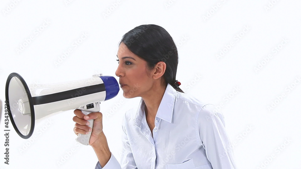 Woman talking into a megaphone