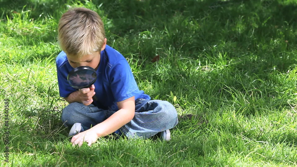 Boy looking at grass with a magnifying glass Boy looking at grass with a magnifying glass