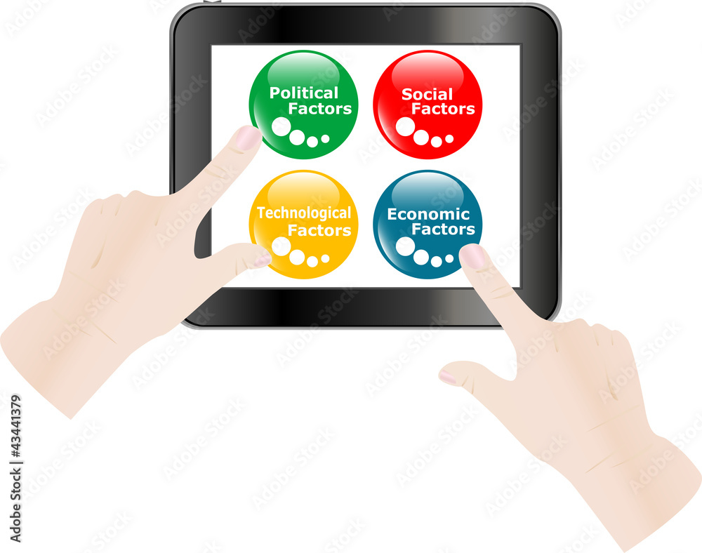 Fototapeta premium Finger touching digital tablet pc screen with business factors