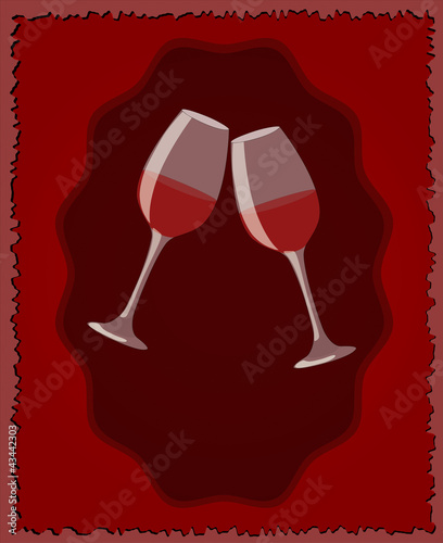Menu template for wine bar. Two glasses on dark red background.