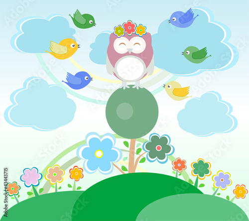 Background with flowers  birds and owl sitting on the tree