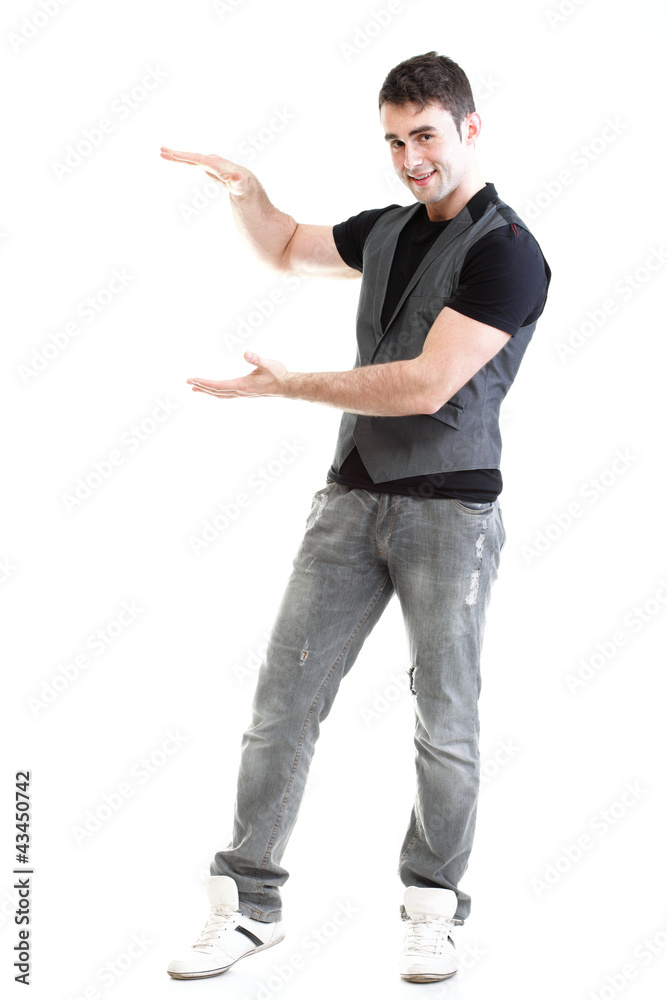 Full length portrait school boy show demonstrate isolated Full length portrait school boy show demonstrate isolated