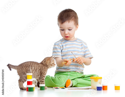 kid drawing paints, cat wat...