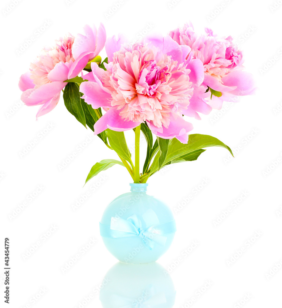 Three pink peonies in vase isolated on white Three pink peonies in vase isolated on white