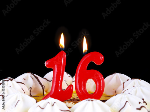 Birthday cake with red candles showing Nr. 16