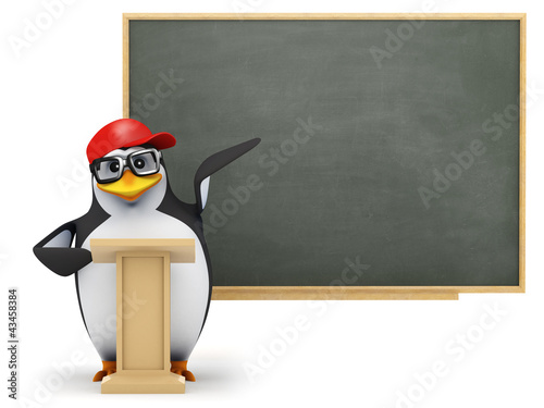 3d Penguin in baseball cap points at blackboard