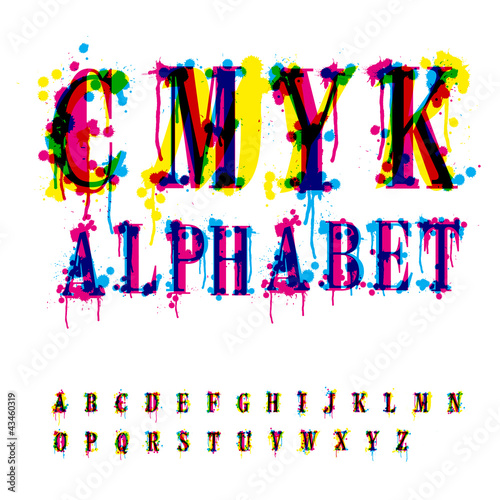 CMYk alphabet. Composition from unrecognized different letters a
