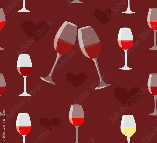 Glass of wine and heart seamless illustration on love dark red b