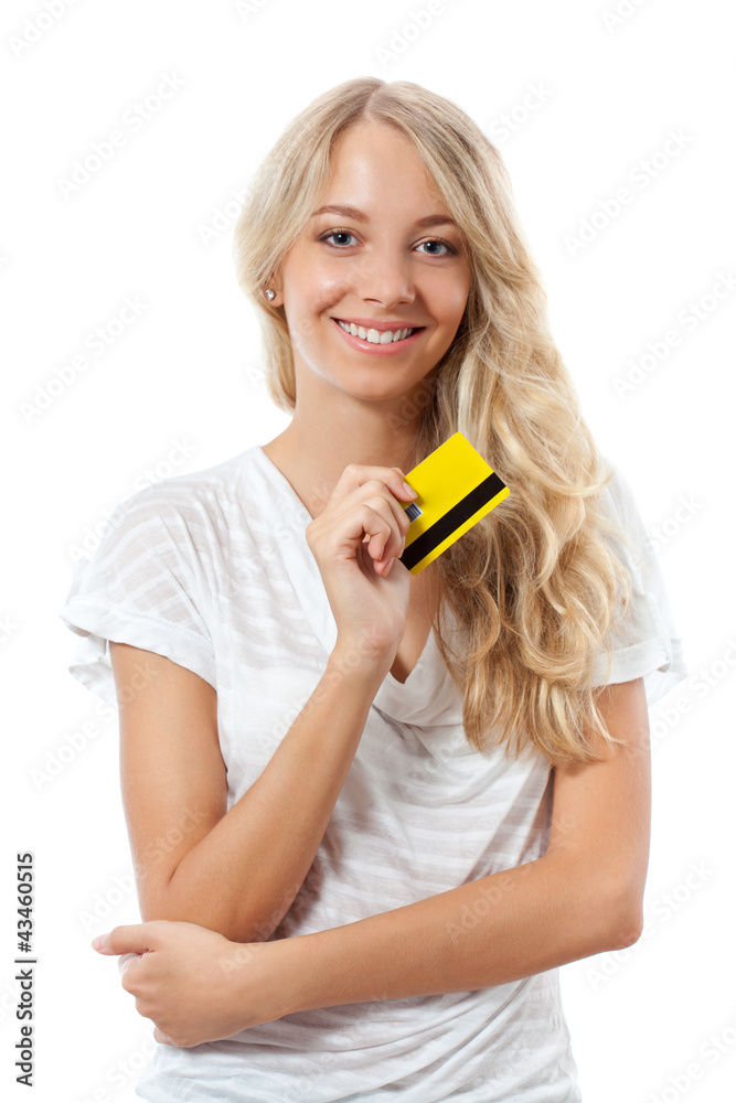 blonde woman holding yellow credit card blonde woman holding yellow credit card