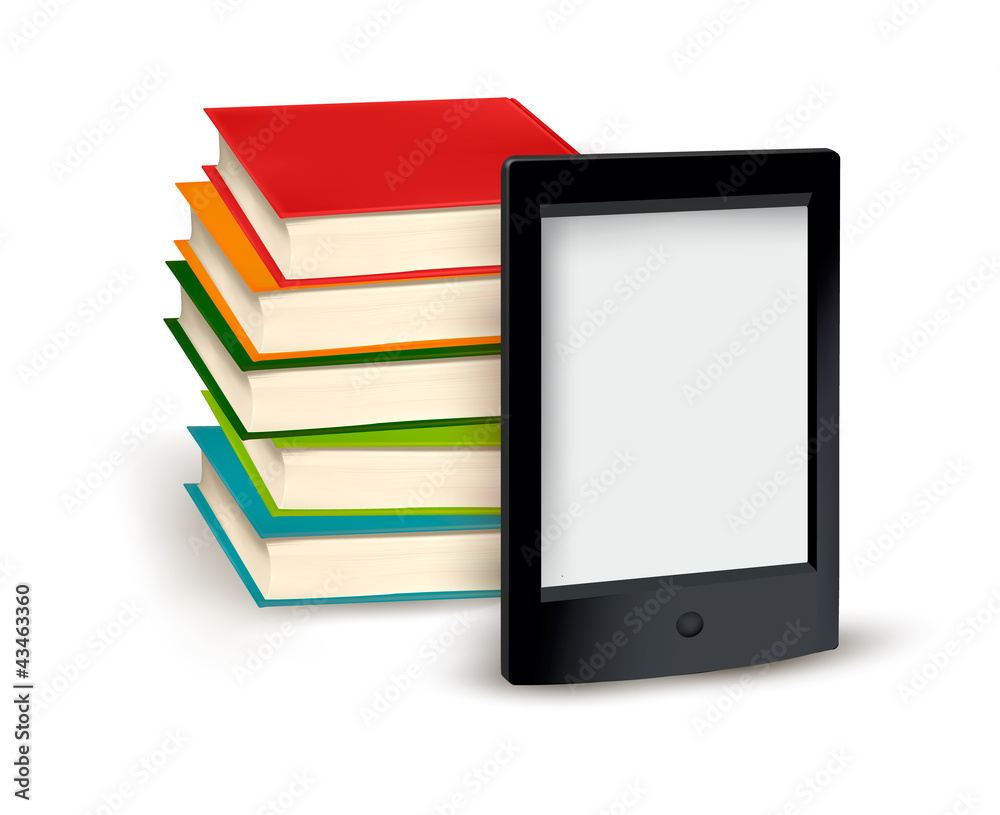 Stack of books and e-book Stack of books and e-book