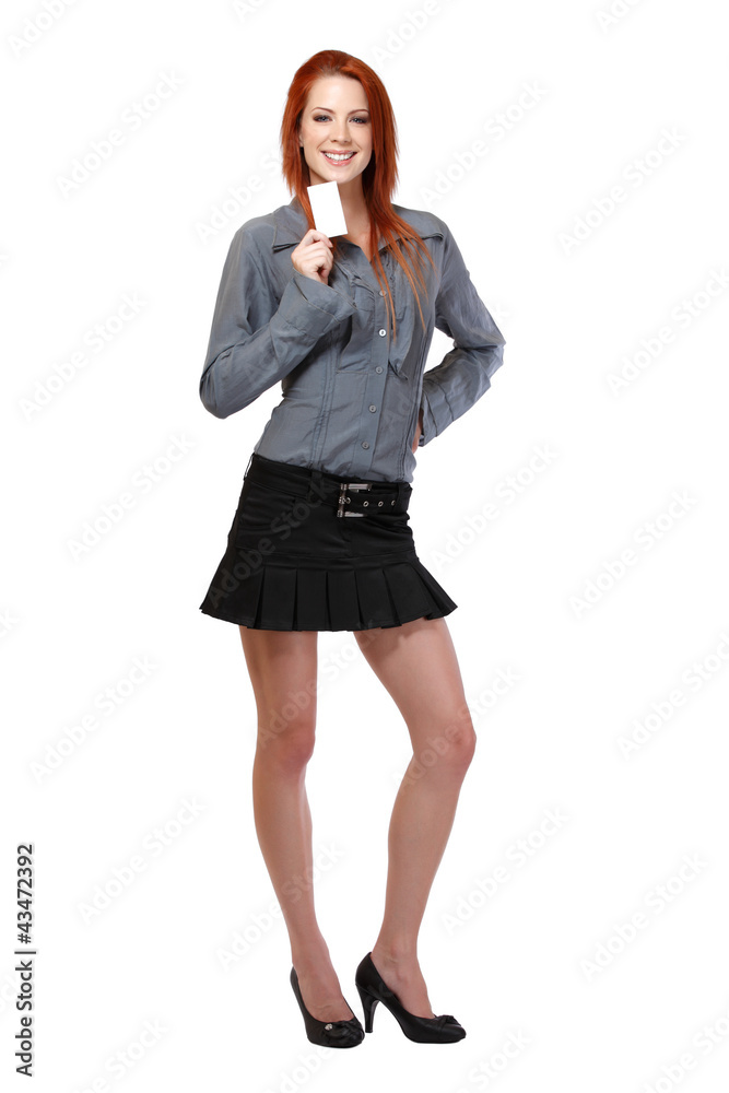 beautiful redhead woman holding a blank businesscard beautiful redhead woman holding a blank businesscard