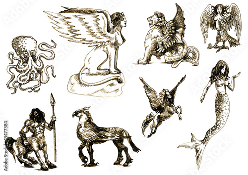 Fotografie A large series of mystical creatures. Drawings into vector