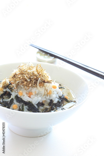 Japanese cuisine, Ochatsuke rice in green tea with small sardine photo