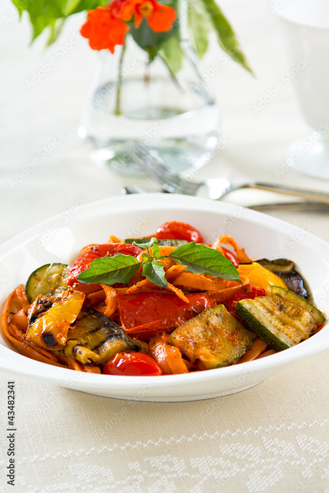 Fettuccine and Grilled vegetables in tomato sauce Fettuccine and Grilled vegetables in tomato sauce