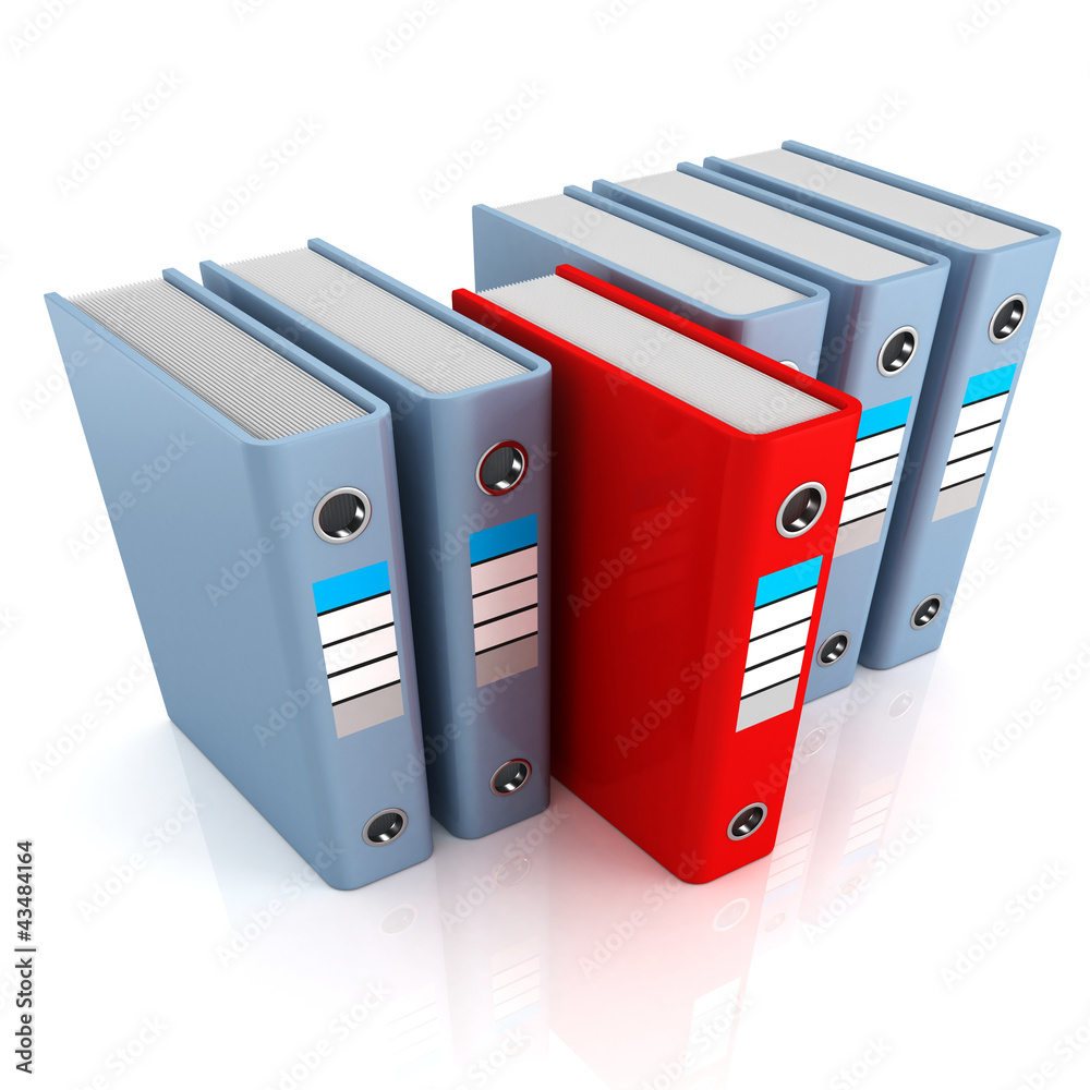 row of office folders with one selected unique red row of office folders with one selected unique red