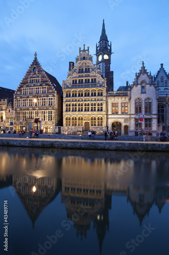 Gent - Palaces with the canal in evening from Korenlei street