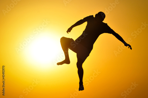 Man in the sunset jump and shout