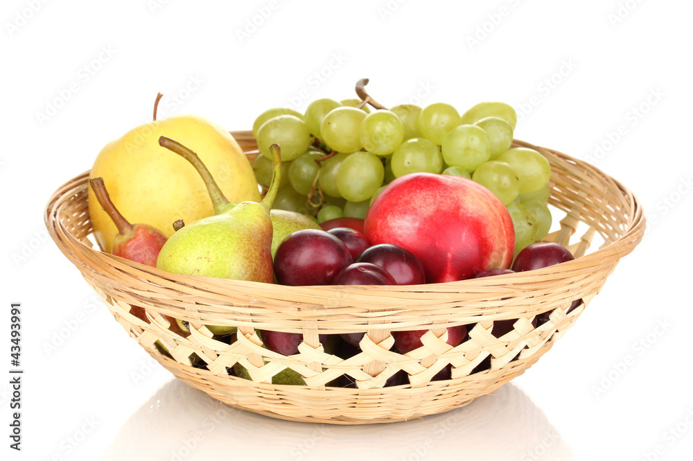 Mix of ripe sweet fruits and berries in basket isolated on Mix of ripe sweet fruits and berries in basket isolated on