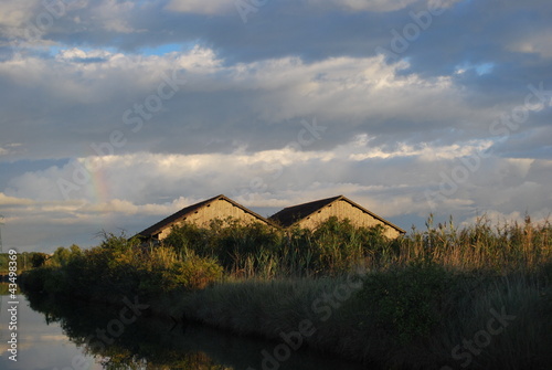 Farm house and canal at sunset, Cervia, Italy