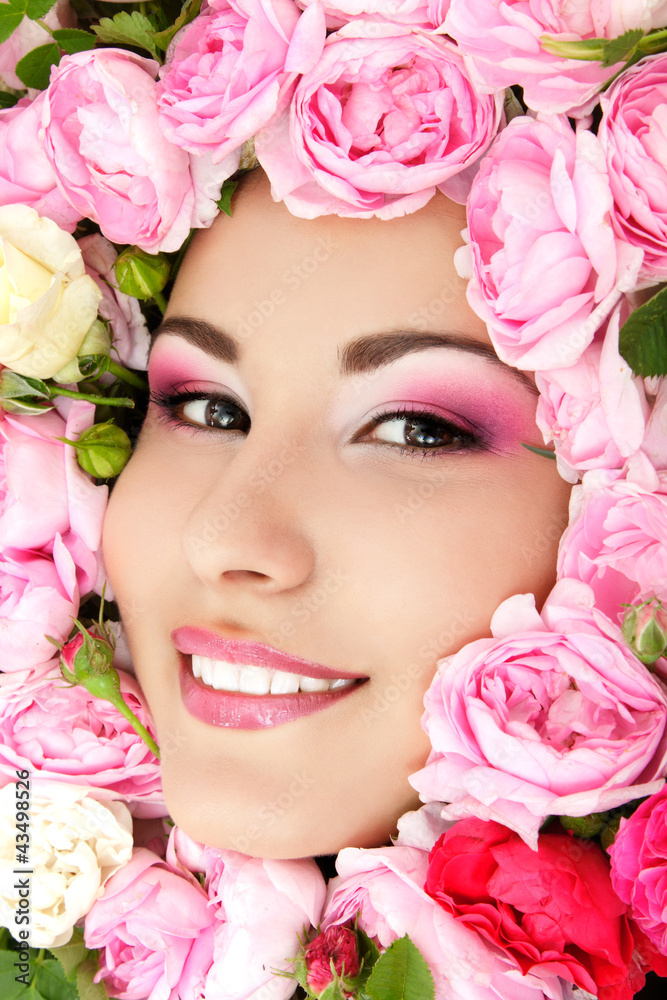 beauty portrait of beautiful young female face with flower roses beauty portrait of beautiful young female face with flower roses