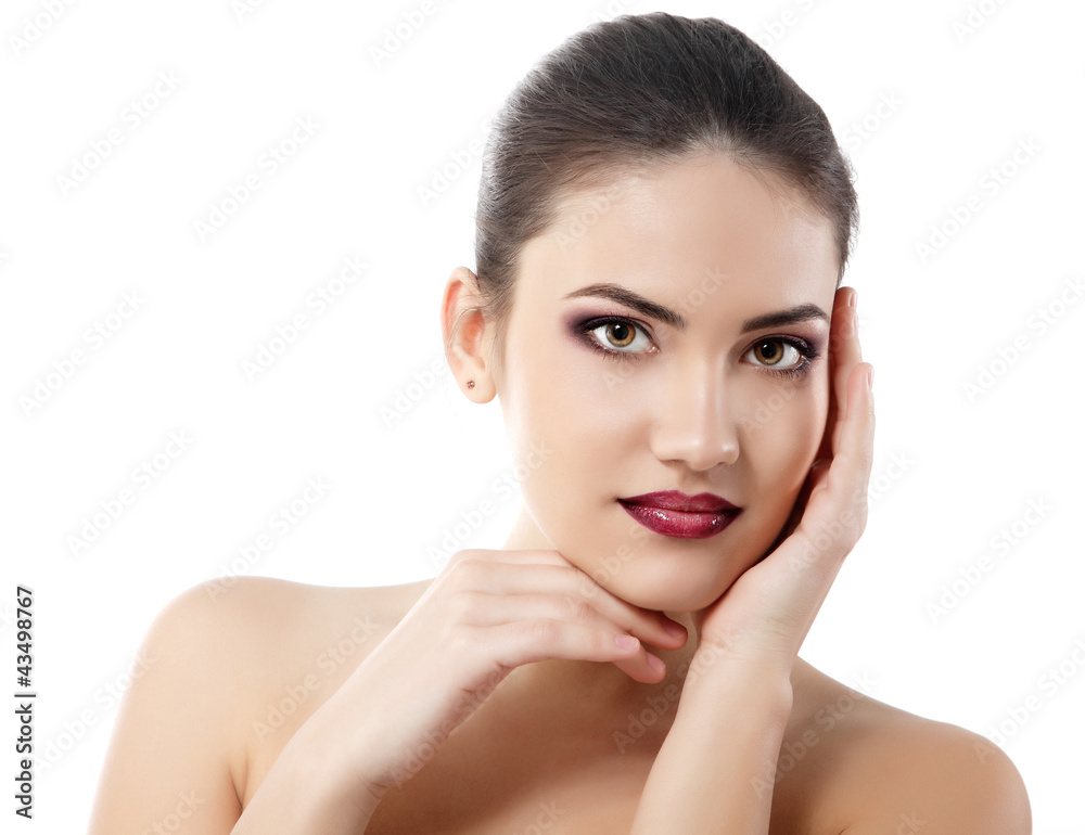 beauty portrait of young woman with beautiful makeup holding han beauty portrait of young woman with beautiful makeup holding han