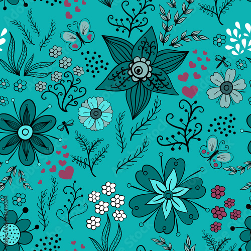 Floral seamless pattern on turquoise background