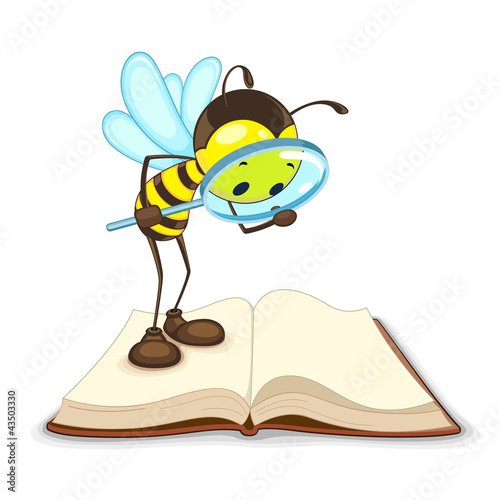 vector illustration of bee searching with magnifying glass
