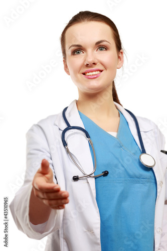 A female doctor s handshake  isolated on white background