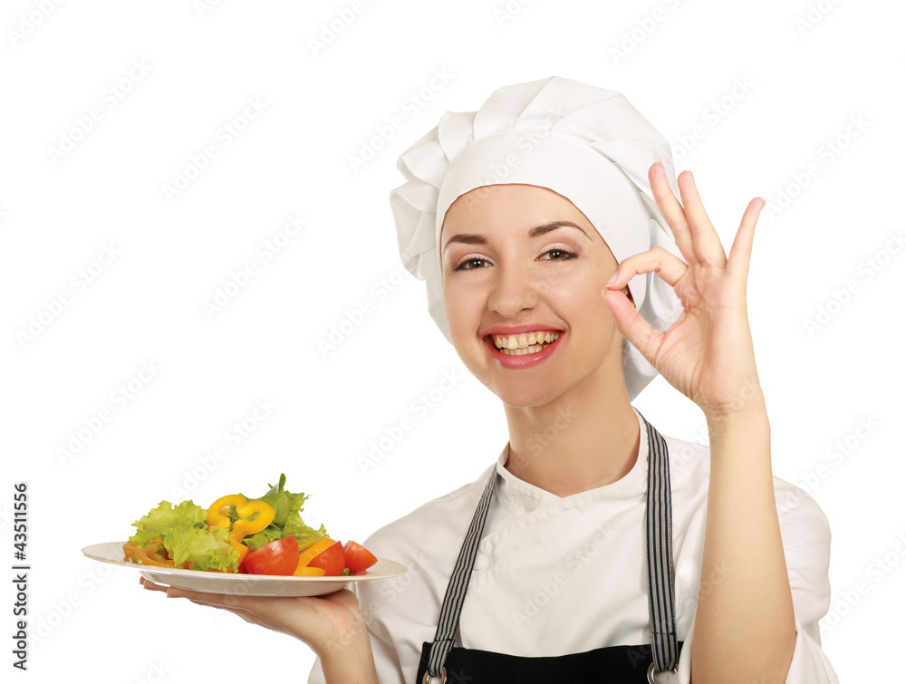 Attractive cook woman showing ok over white background Attractive cook woman showing ok over white background
