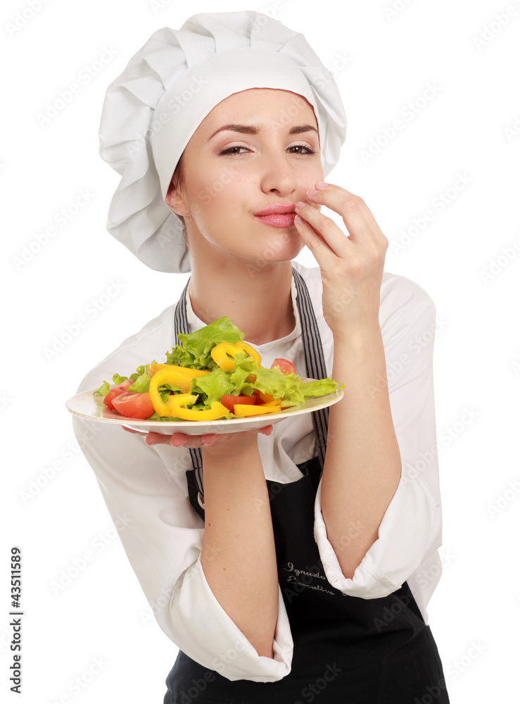 Pretty cook chief holding salad, isolated on white background Pretty cook chief holding salad, isolated on white background