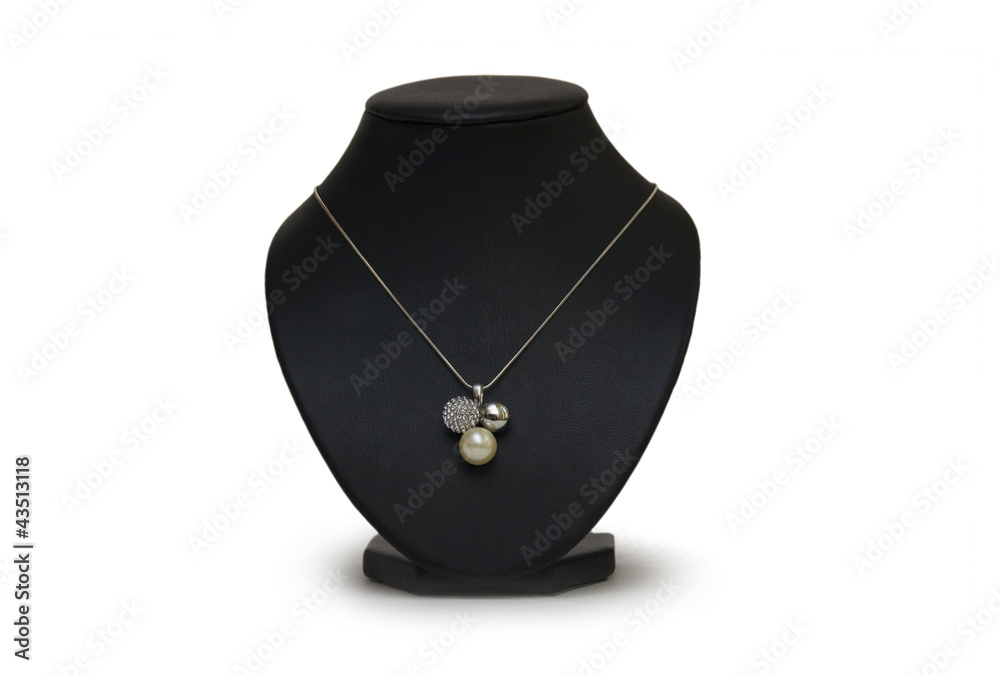 beautiful silver necklace on mannequin isolated on white beautiful silver necklace on mannequin isolated on white