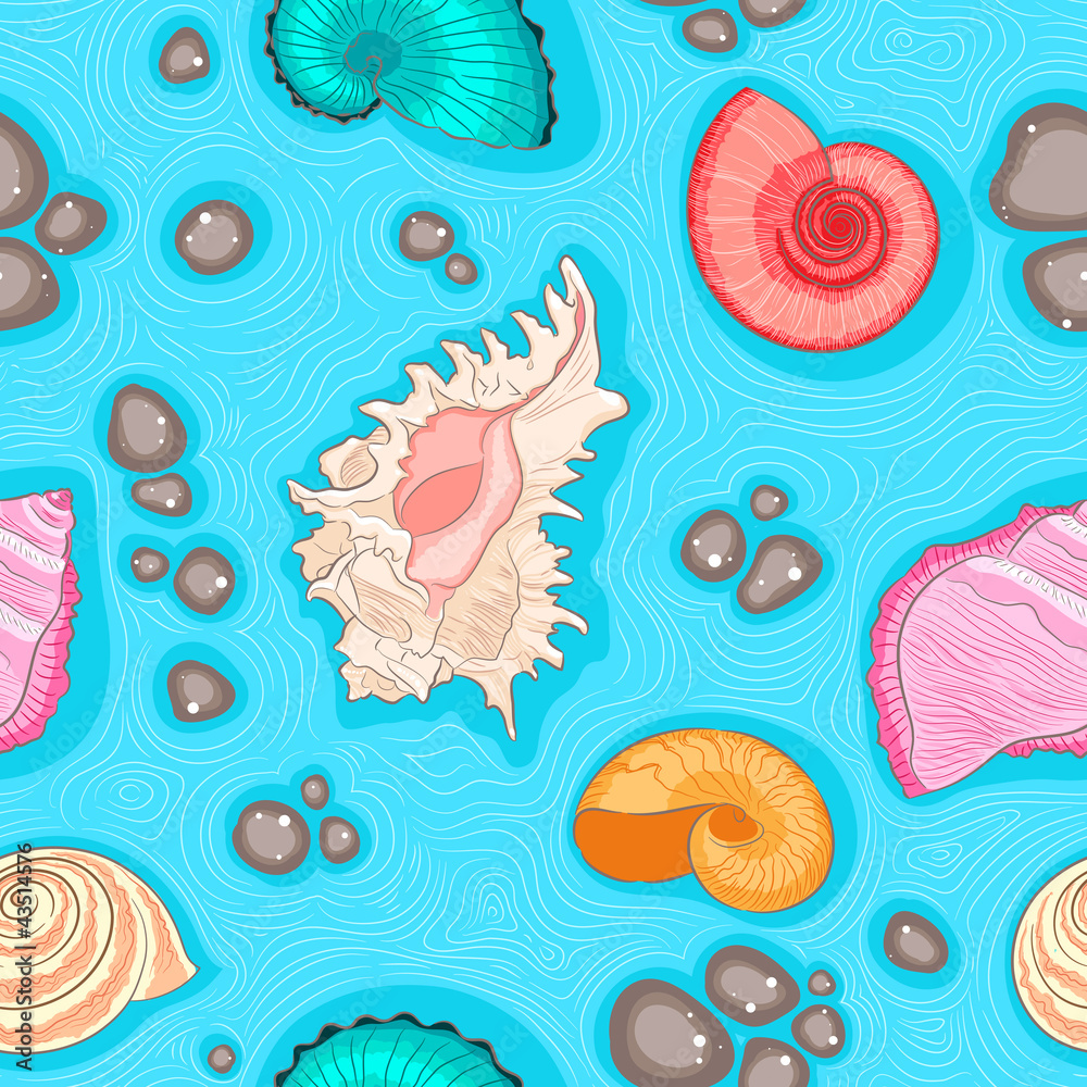 Vector Seamless blue pattern with multicolored shells