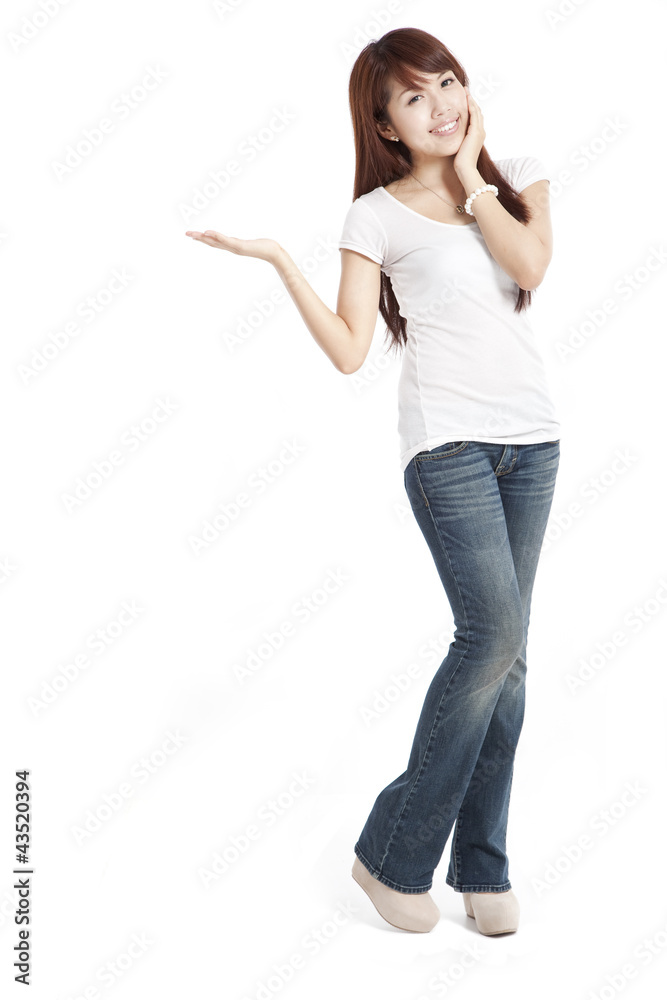 young asian woman presenting and showing copy space for product