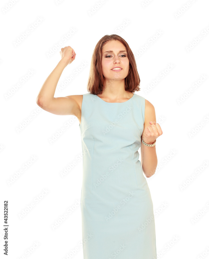 A young woman showing a fist, isolated on white background A young woman showing a fist, isolated on white background